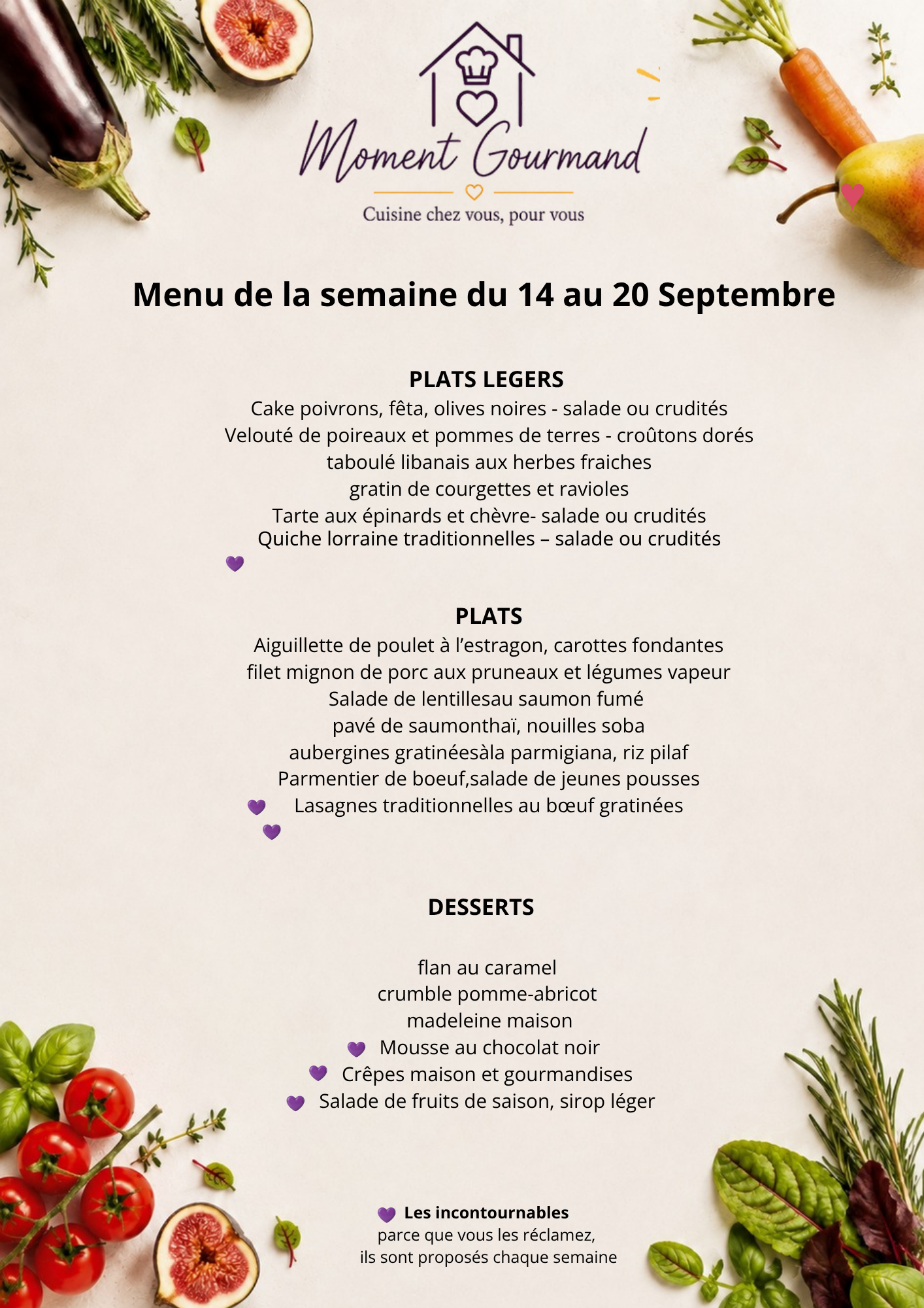 Menu de la semaine du 14 au 20 septembre