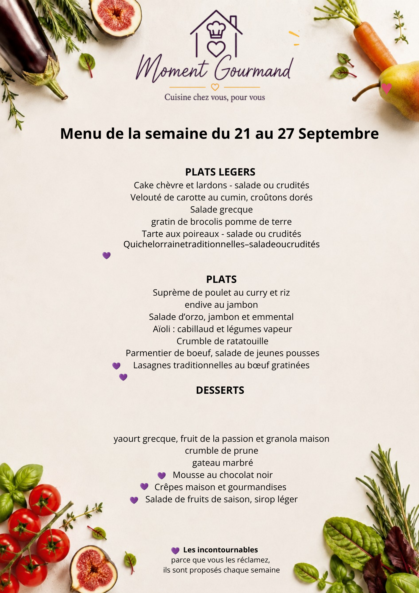 Menu de la semaine du 21 au 27 septembre